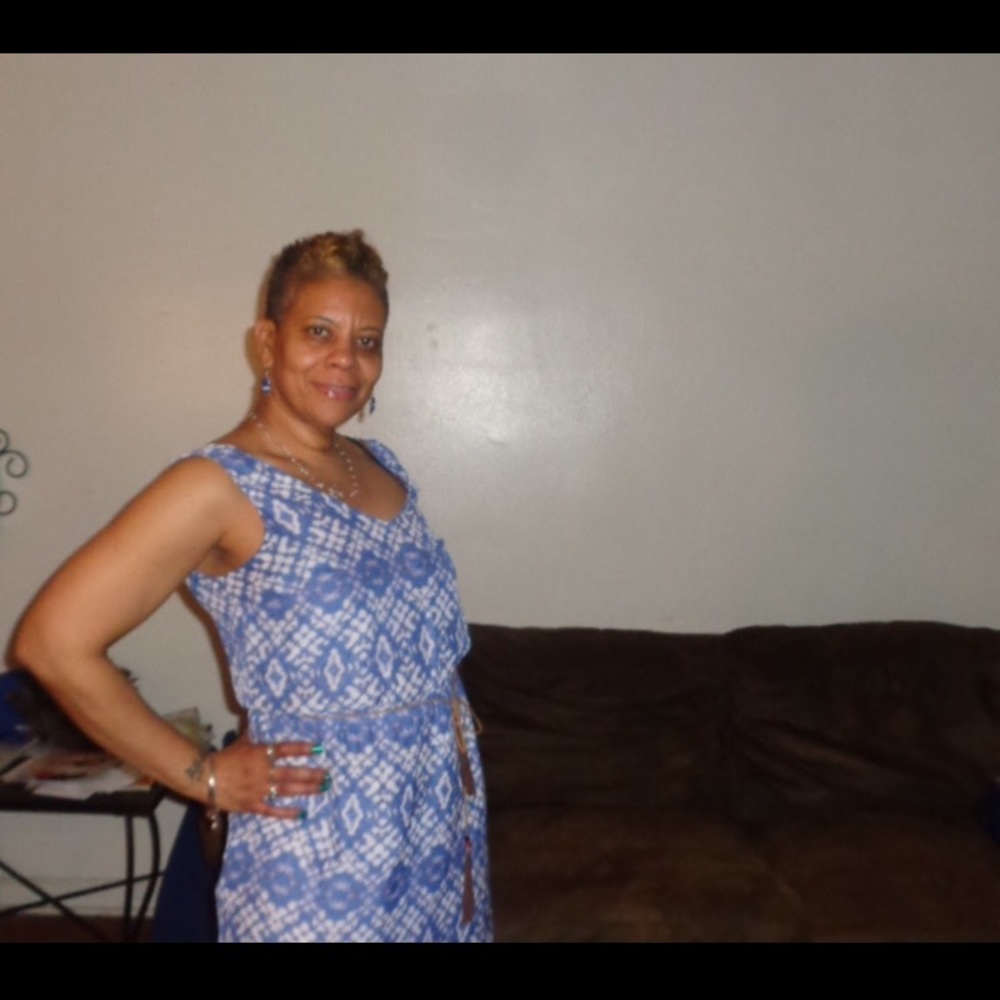 Blue and white sleeveless dress